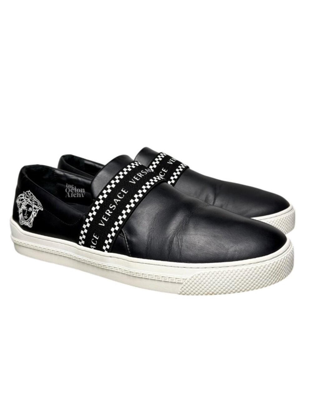 Size 46 Versace Greca Elastic Banded Slip On Sneaker 'Black/White' Pre-Owned